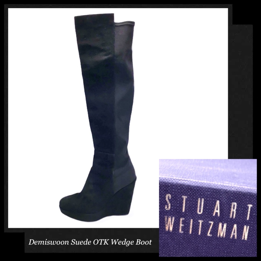 STUART WEITZMAN DemiSwoon Black Suede/Stretch Over Knee Wedge Boot